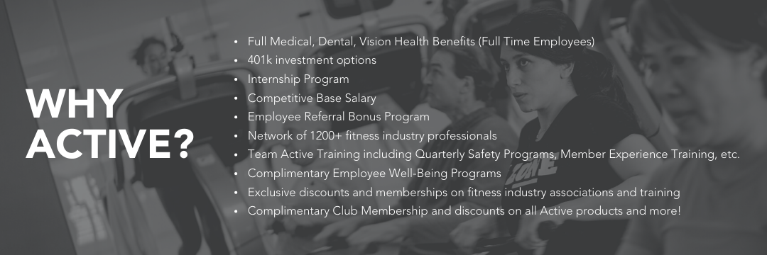 +Full Medical, Dental, Vision Health Benefits (Full Time Employees) 401k investment options Internship Program Competitive Base Salary Employee Referral Bonus Program Network of 1200+ fitness industry professionals Te (1)